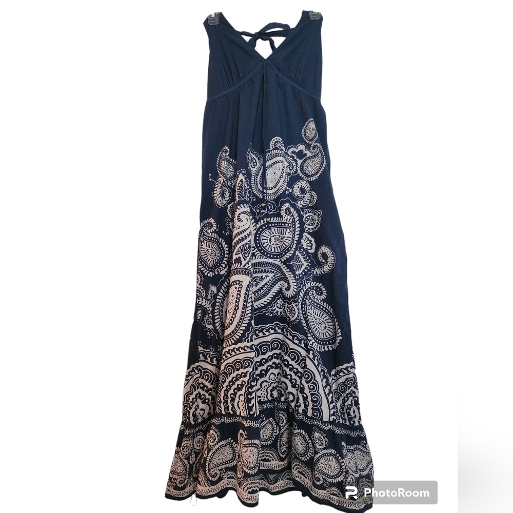 AEROPOSTALE Blue White Paisley Cotton Print Lined Maxi Halter Dress SZ Medium